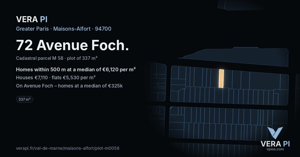 72 Avenue Foch, Maisons-Alfort at night – the plot lit, the parcels around coloured by the prices near them