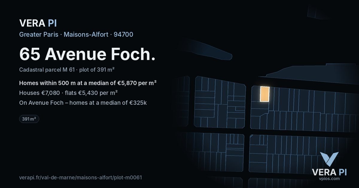 65 Avenue Foch, Maisons-Alfort at night – the plot lit, the parcels around coloured by the prices near them