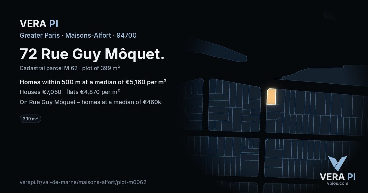 72 Rue Guy Môquet, Maisons-Alfort at night – the plot lit, the parcels around coloured by the prices near them