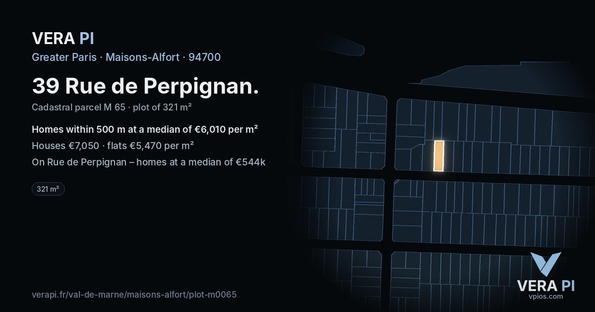 39 Rue de Perpignan, Maisons-Alfort at night – the plot lit, the parcels around coloured by the prices near them