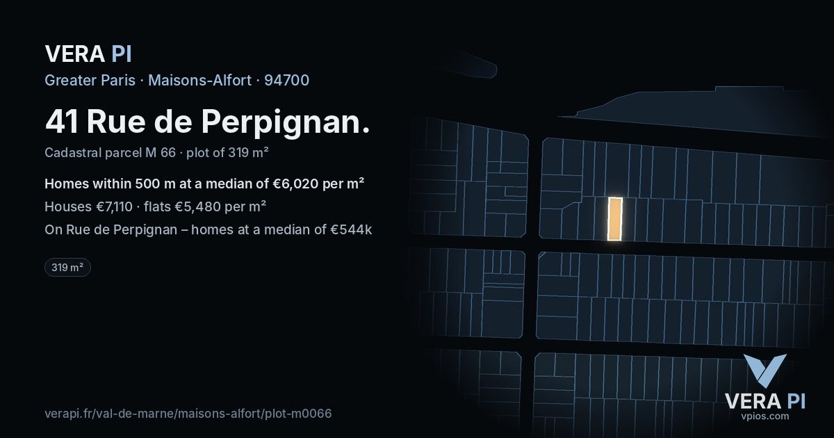 41 Rue de Perpignan, Maisons-Alfort at night – the plot lit, the parcels around coloured by the prices near them