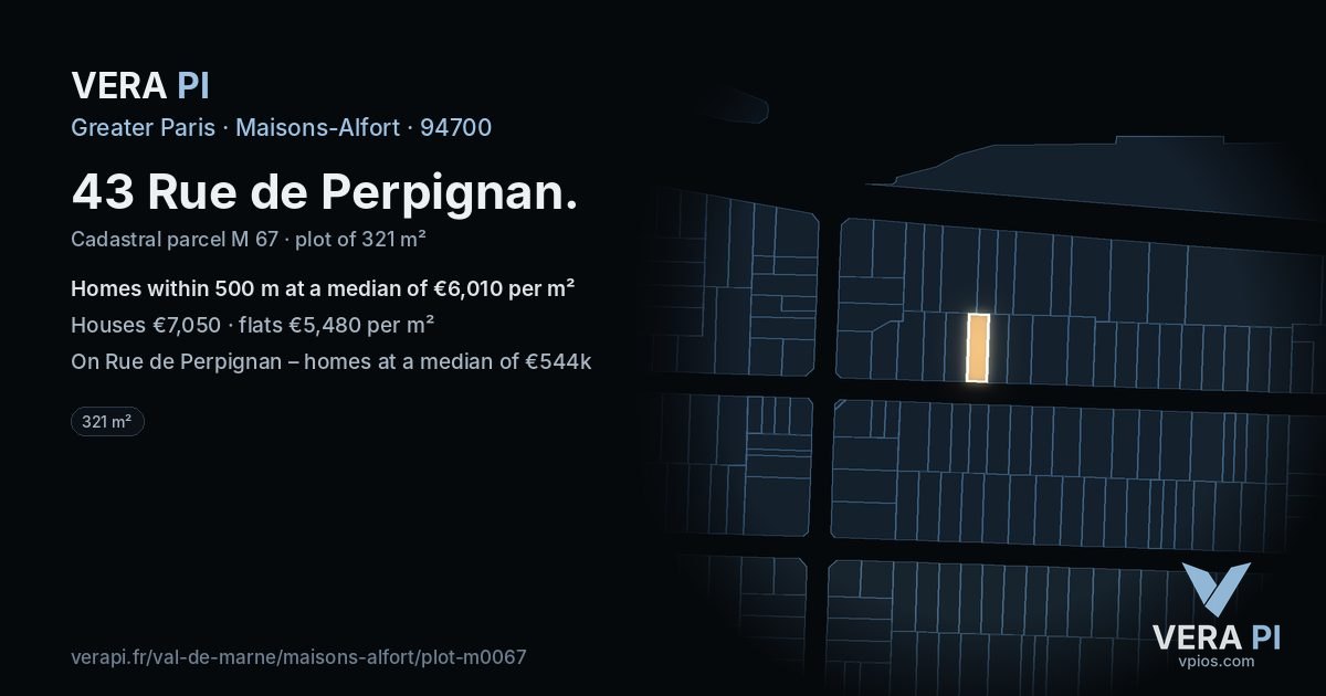 43 Rue de Perpignan, Maisons-Alfort at night – the plot lit, the parcels around coloured by the prices near them