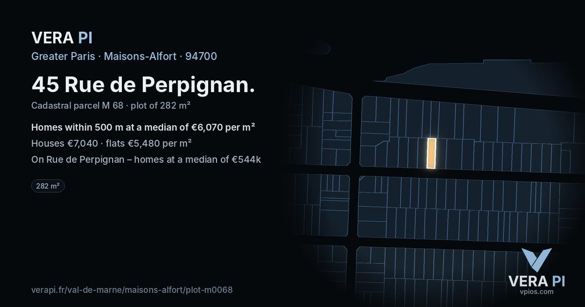45 Rue de Perpignan, Maisons-Alfort at night – the plot lit, the parcels around coloured by the prices near them