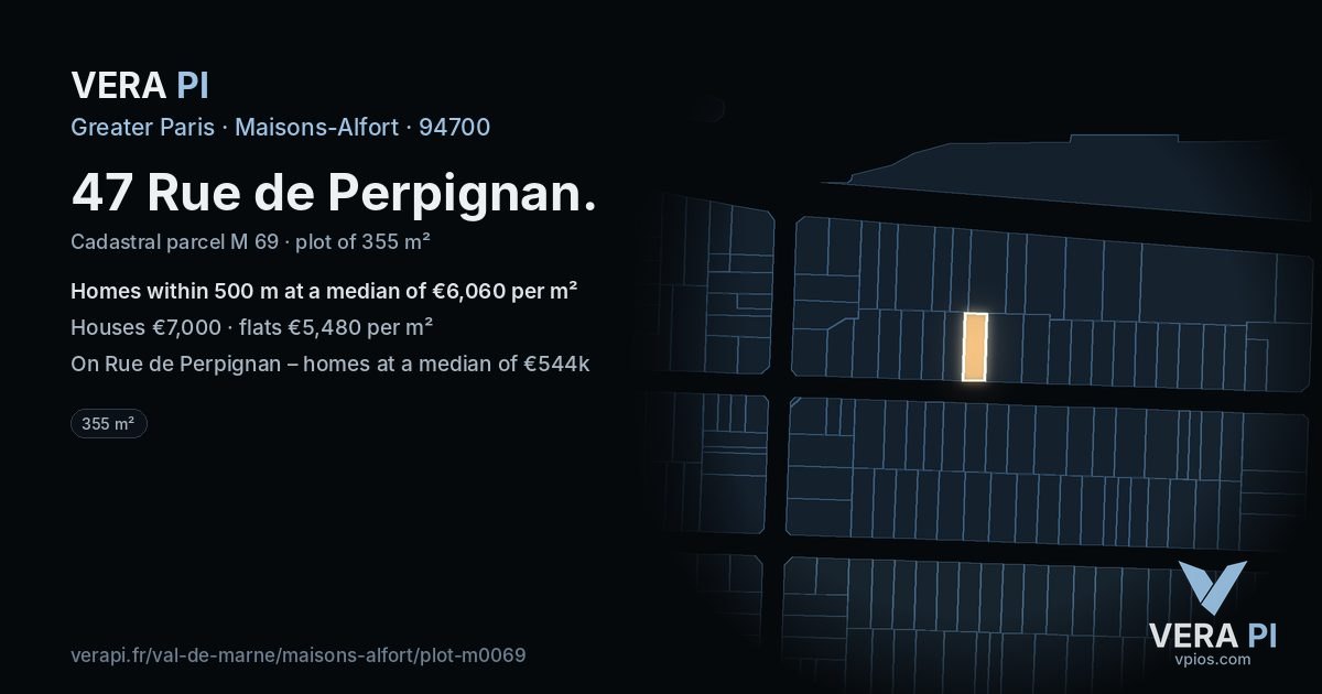 47 Rue de Perpignan, Maisons-Alfort at night – the plot lit, the parcels around coloured by the prices near them