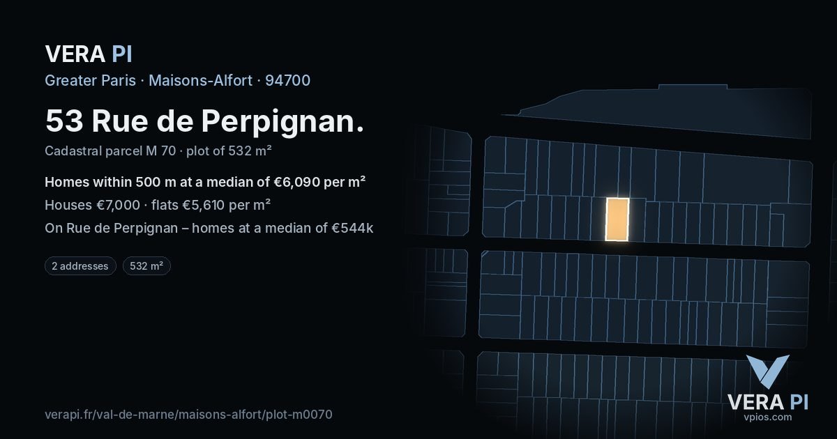53 Rue de Perpignan, Maisons-Alfort at night – the plot lit, the parcels around coloured by the prices near them
