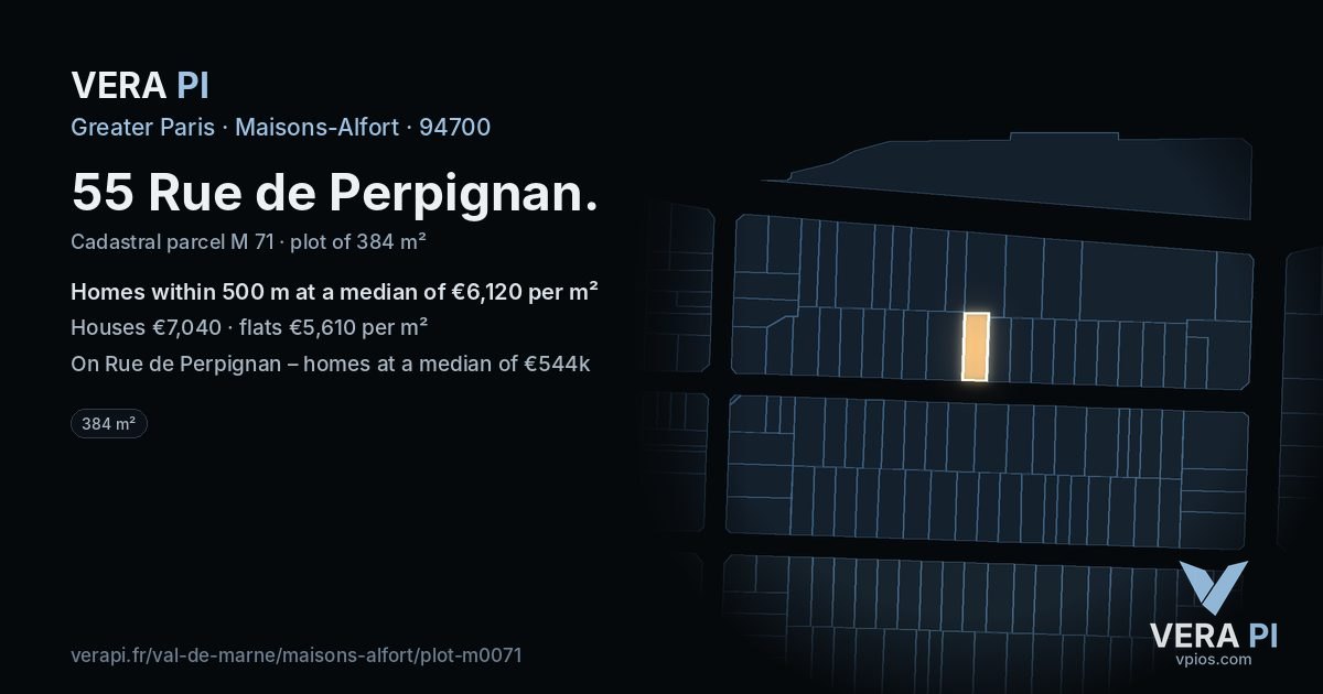 55 Rue de Perpignan, Maisons-Alfort at night – the plot lit, the parcels around coloured by the prices near them