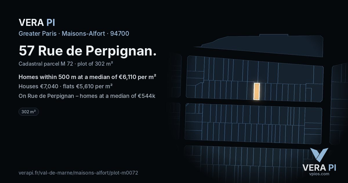 57 Rue de Perpignan, Maisons-Alfort at night – the plot lit, the parcels around coloured by the prices near them