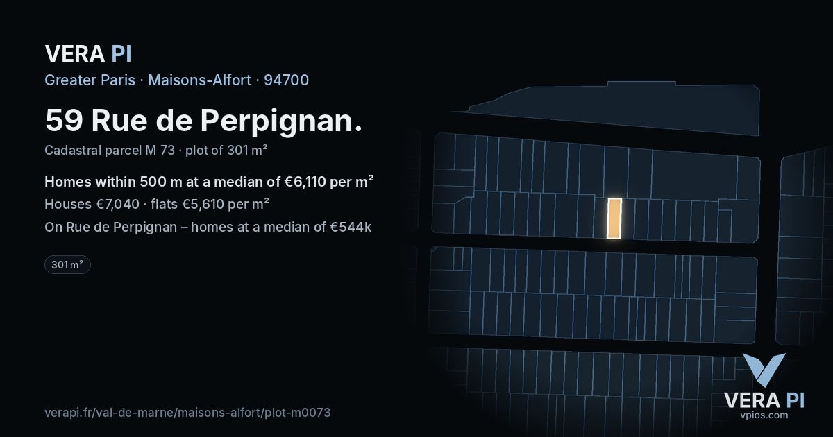 59 Rue de Perpignan, Maisons-Alfort at night – the plot lit, the parcels around coloured by the prices near them