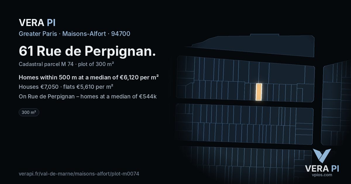 61 Rue de Perpignan, Maisons-Alfort at night – the plot lit, the parcels around coloured by the prices near them