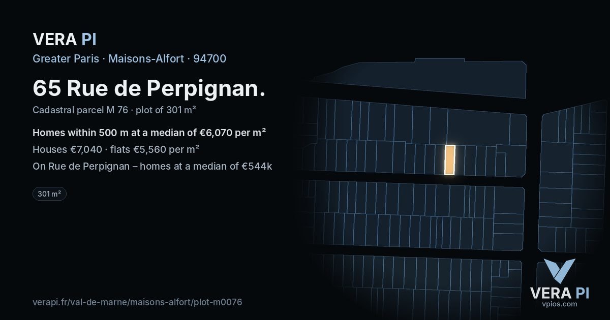 65 Rue de Perpignan, Maisons-Alfort at night – the plot lit, the parcels around coloured by the prices near them