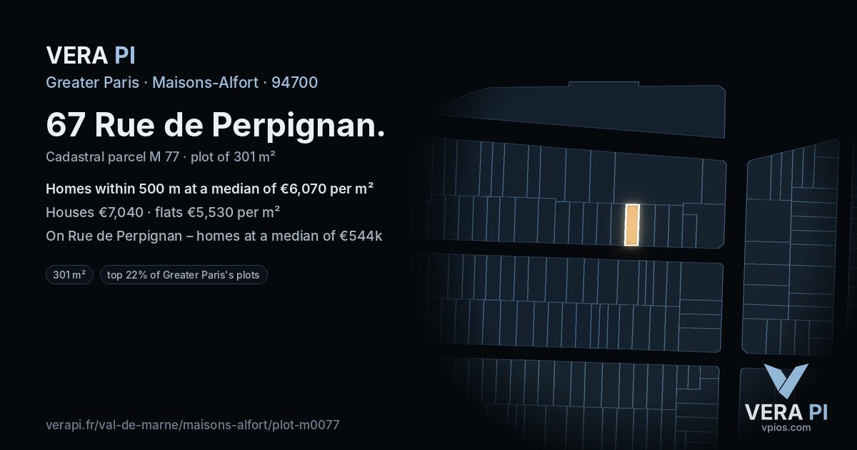 67 Rue de Perpignan, Maisons-Alfort at night – the plot lit, the parcels around coloured by the prices near them