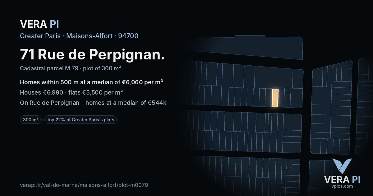 71 Rue de Perpignan, Maisons-Alfort at night – the plot lit, the parcels around coloured by the prices near them