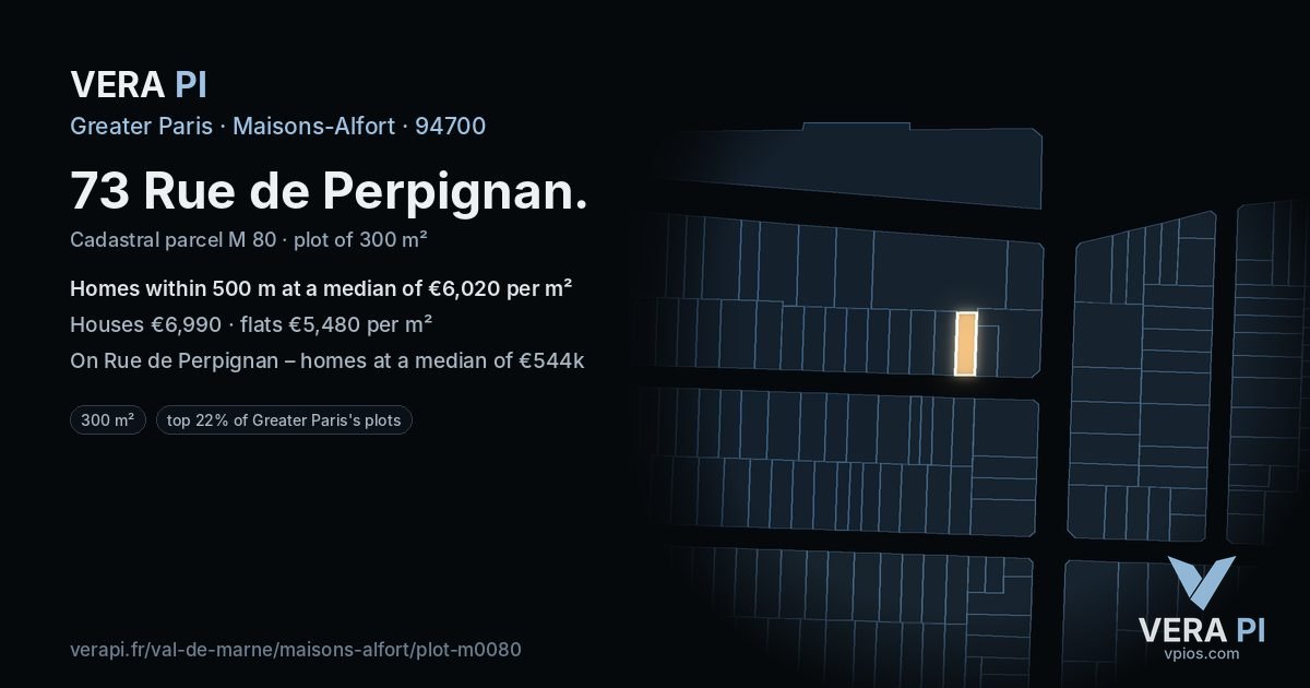 73 Rue de Perpignan, Maisons-Alfort at night – the plot lit, the parcels around coloured by the prices near them
