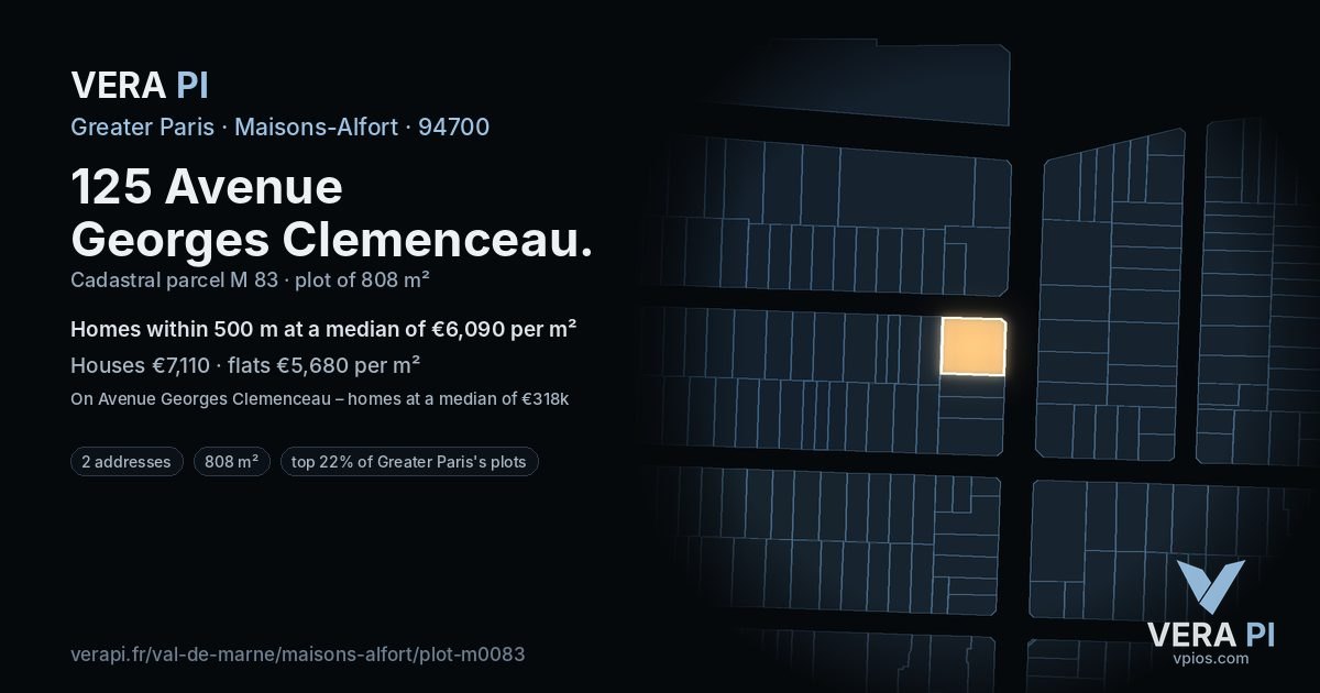 125 Avenue Georges Clemenceau, Maisons-Alfort at night – the plot lit, the parcels around coloured by the prices near them
