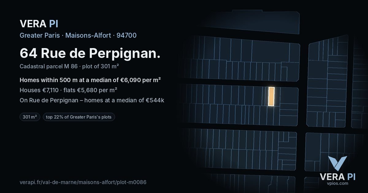 64 Rue de Perpignan, Maisons-Alfort at night – the plot lit, the parcels around coloured by the prices near them