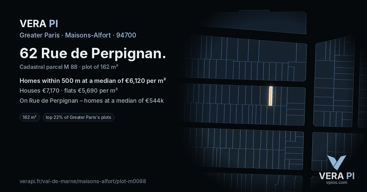 62 Rue de Perpignan, Maisons-Alfort at night – the plot lit, the parcels around coloured by the prices near them
