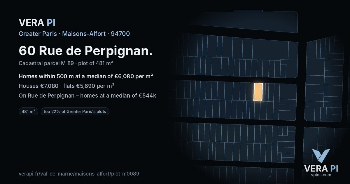 60 Rue de Perpignan, Maisons-Alfort at night – the plot lit, the parcels around coloured by the prices near them