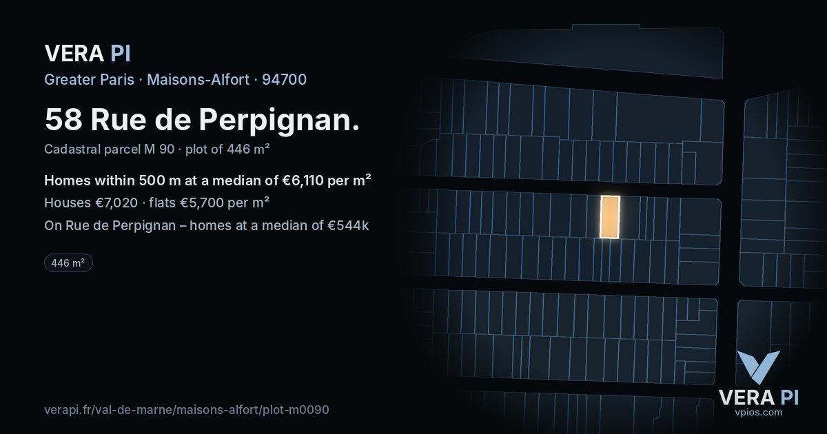58 Rue de Perpignan, Maisons-Alfort at night – the plot lit, the parcels around coloured by the prices near them