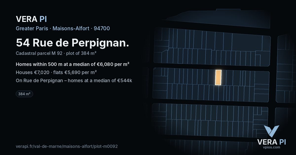 54 Rue de Perpignan, Maisons-Alfort at night – the plot lit, the parcels around coloured by the prices near them