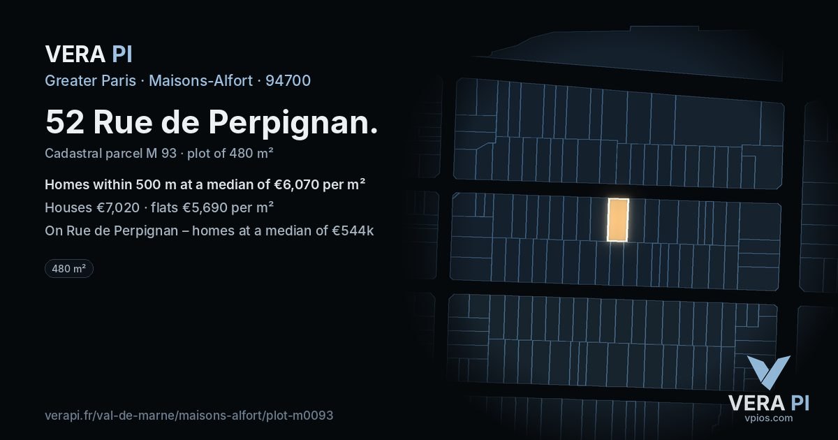 52 Rue de Perpignan, Maisons-Alfort at night – the plot lit, the parcels around coloured by the prices near them