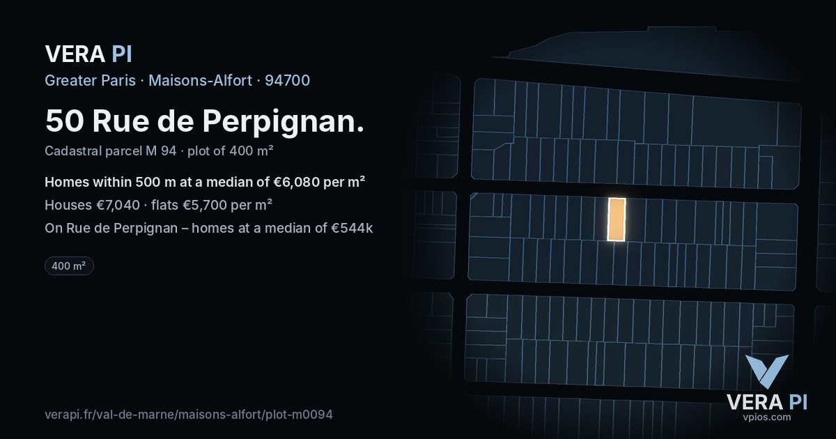 50 Rue de Perpignan, Maisons-Alfort at night – the plot lit, the parcels around coloured by the prices near them