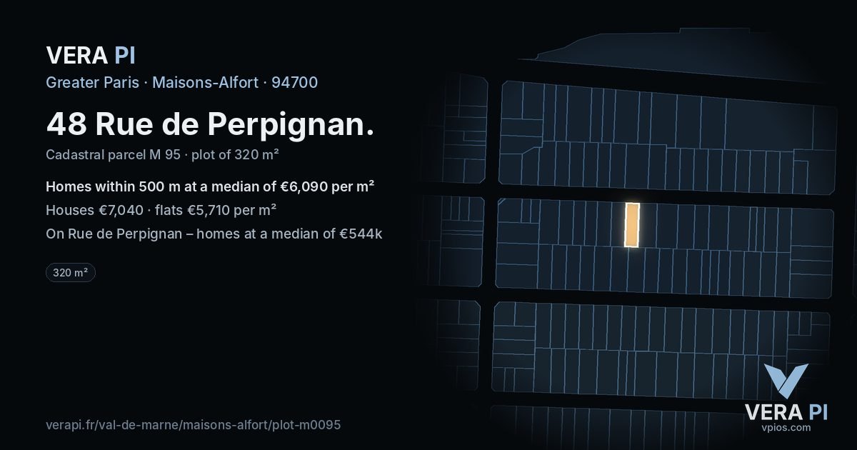 48 Rue de Perpignan, Maisons-Alfort at night – the plot lit, the parcels around coloured by the prices near them