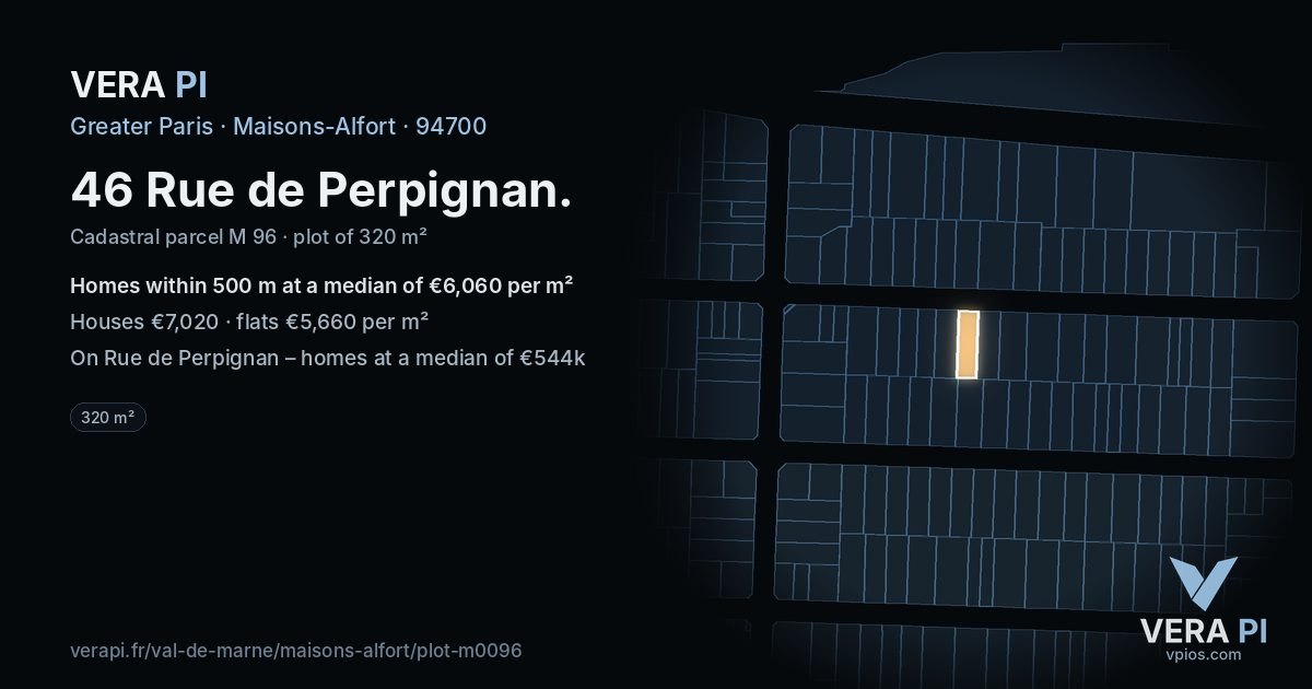 46 Rue de Perpignan, Maisons-Alfort at night – the plot lit, the parcels around coloured by the prices near them