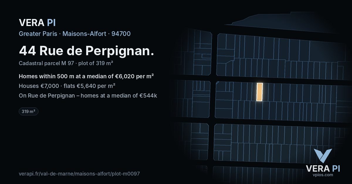 44 Rue de Perpignan, Maisons-Alfort at night – the plot lit, the parcels around coloured by the prices near them
