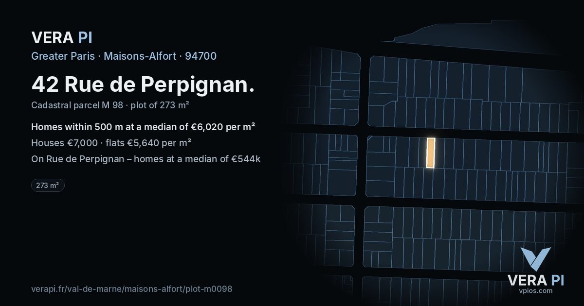 42 Rue de Perpignan, Maisons-Alfort at night – the plot lit, the parcels around coloured by the prices near them