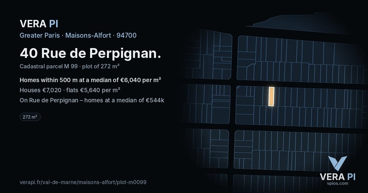 40 Rue de Perpignan, Maisons-Alfort at night – the plot lit, the parcels around coloured by the prices near them