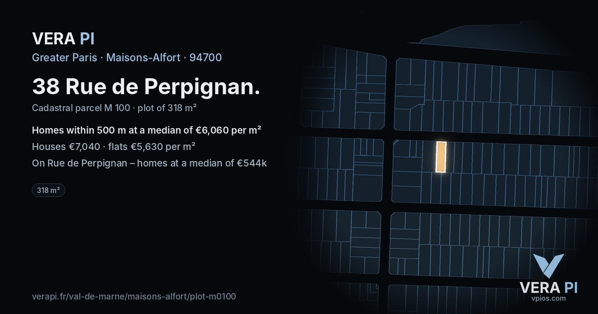 38 Rue de Perpignan, Maisons-Alfort at night – the plot lit, the parcels around coloured by the prices near them