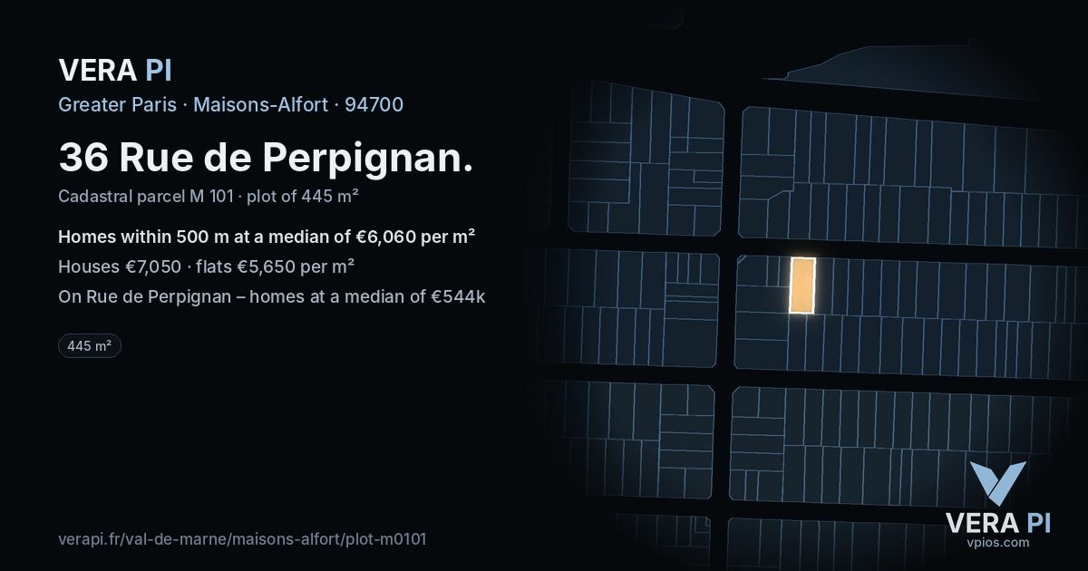36 Rue de Perpignan, Maisons-Alfort at night – the plot lit, the parcels around coloured by the prices near them