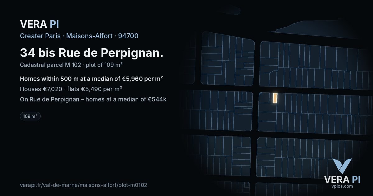 34 bis Rue de Perpignan, Maisons-Alfort at night – the plot lit, the parcels around coloured by the prices near them