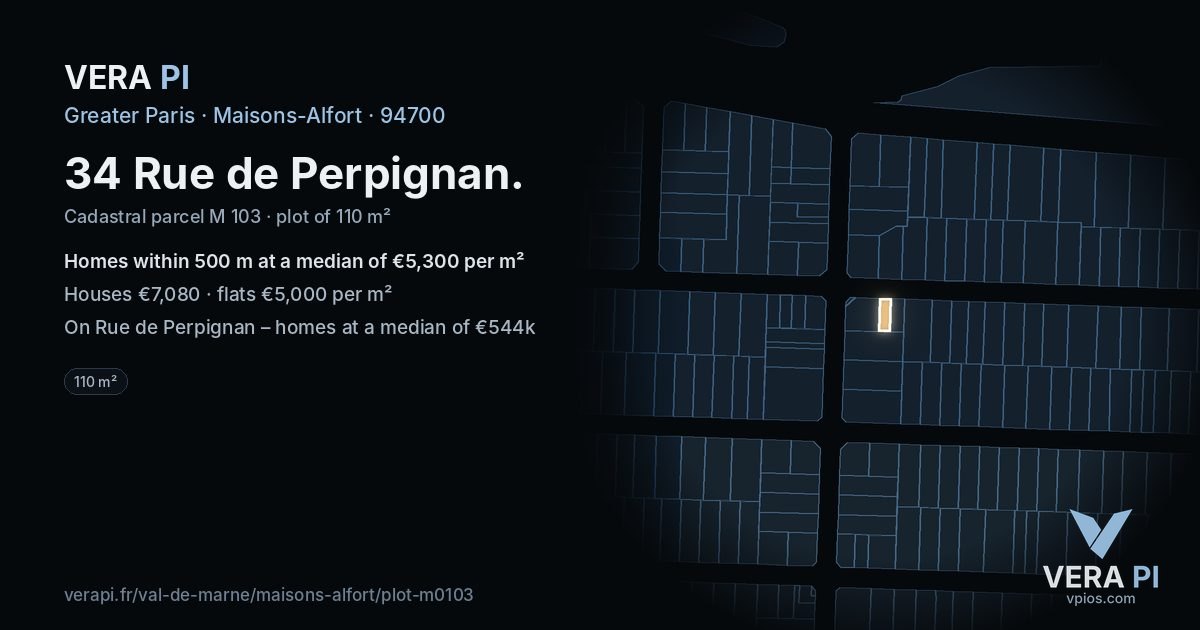 34 Rue de Perpignan, Maisons-Alfort at night – the plot lit, the parcels around coloured by the prices near them