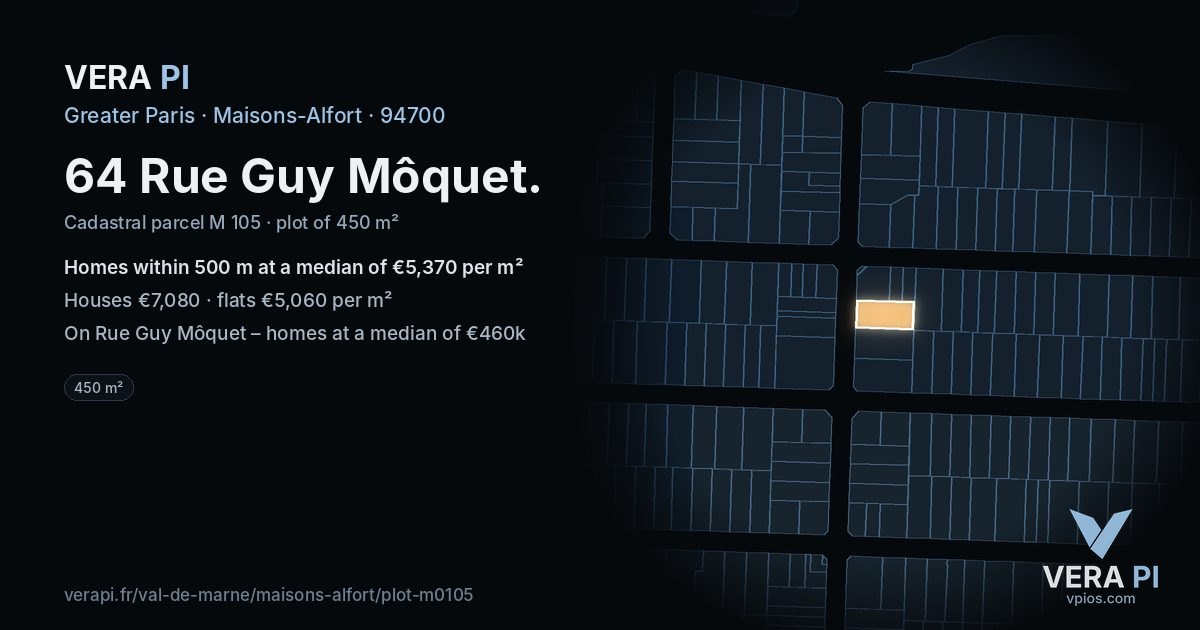 64 Rue Guy Môquet, Maisons-Alfort at night – the plot lit, the parcels around coloured by the prices near them