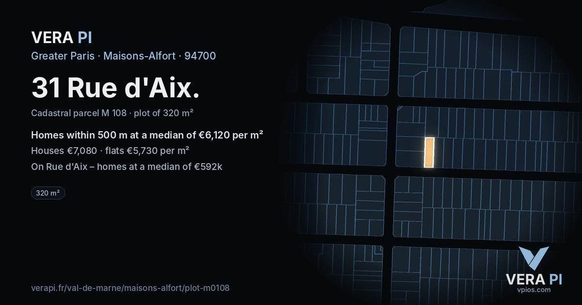 31 Rue d'Aix, Maisons-Alfort at night – the plot lit, the parcels around coloured by the prices near them