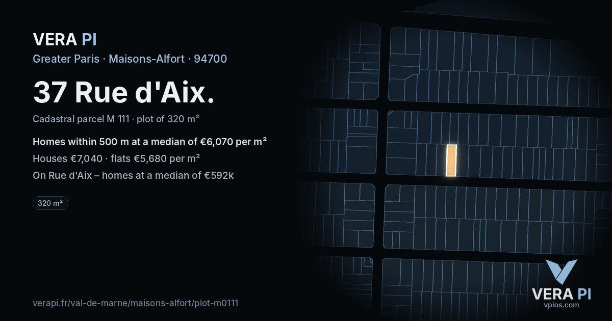 37 Rue d'Aix, Maisons-Alfort at night – the plot lit, the parcels around coloured by the prices near them