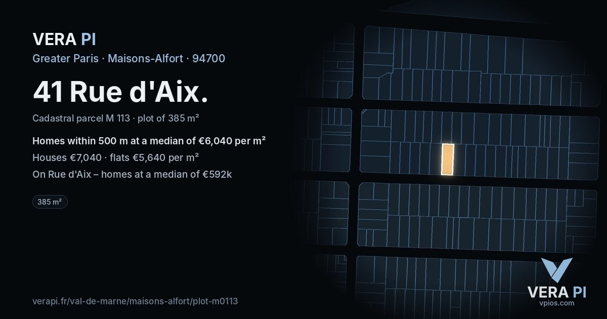 41 Rue d'Aix, Maisons-Alfort at night – the plot lit, the parcels around coloured by the prices near them