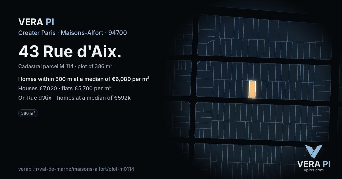 43 Rue d'Aix, Maisons-Alfort at night – the plot lit, the parcels around coloured by the prices near them