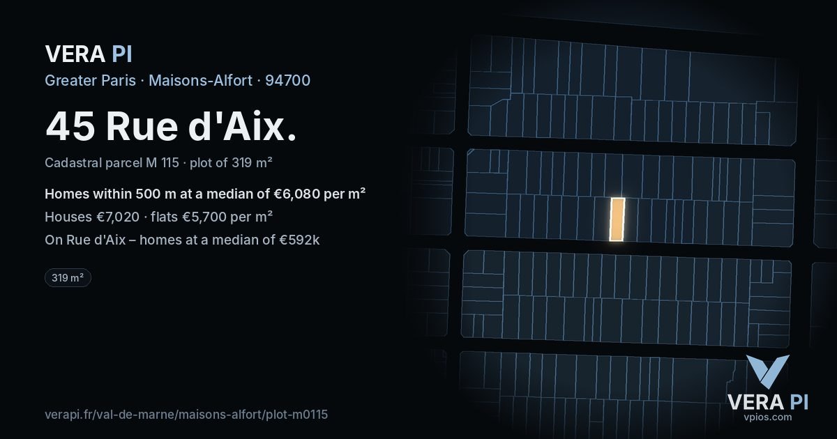 45 Rue d'Aix, Maisons-Alfort at night – the plot lit, the parcels around coloured by the prices near them