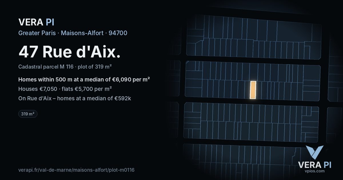 47 Rue d'Aix, Maisons-Alfort at night – the plot lit, the parcels around coloured by the prices near them