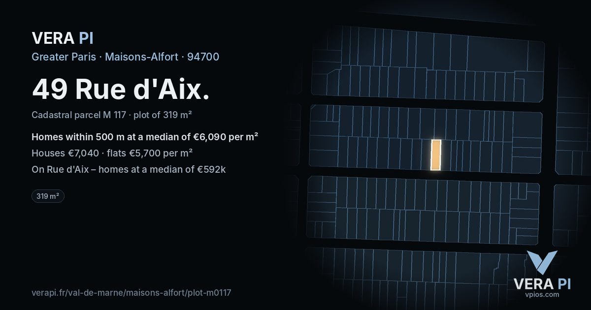 49 Rue d'Aix, Maisons-Alfort at night – the plot lit, the parcels around coloured by the prices near them