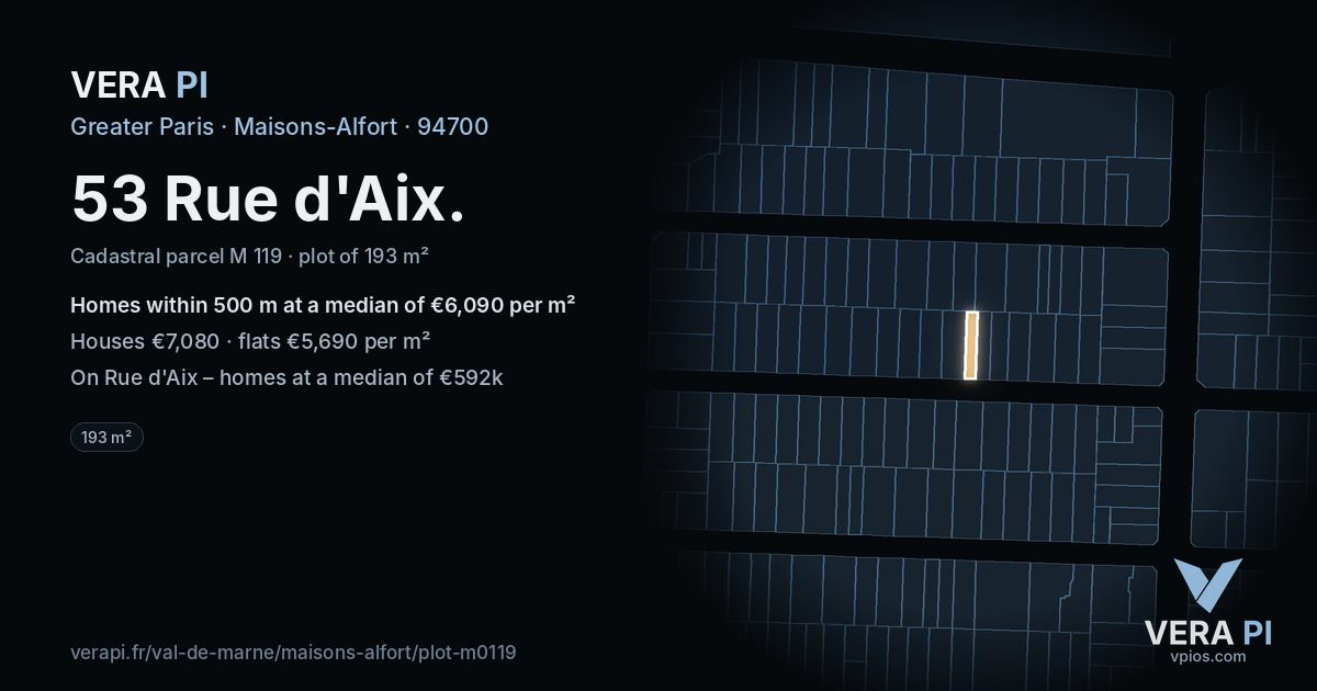 53 Rue d'Aix, Maisons-Alfort at night – the plot lit, the parcels around coloured by the prices near them