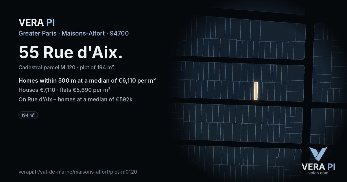 55 Rue d'Aix, Maisons-Alfort at night – the plot lit, the parcels around coloured by the prices near them