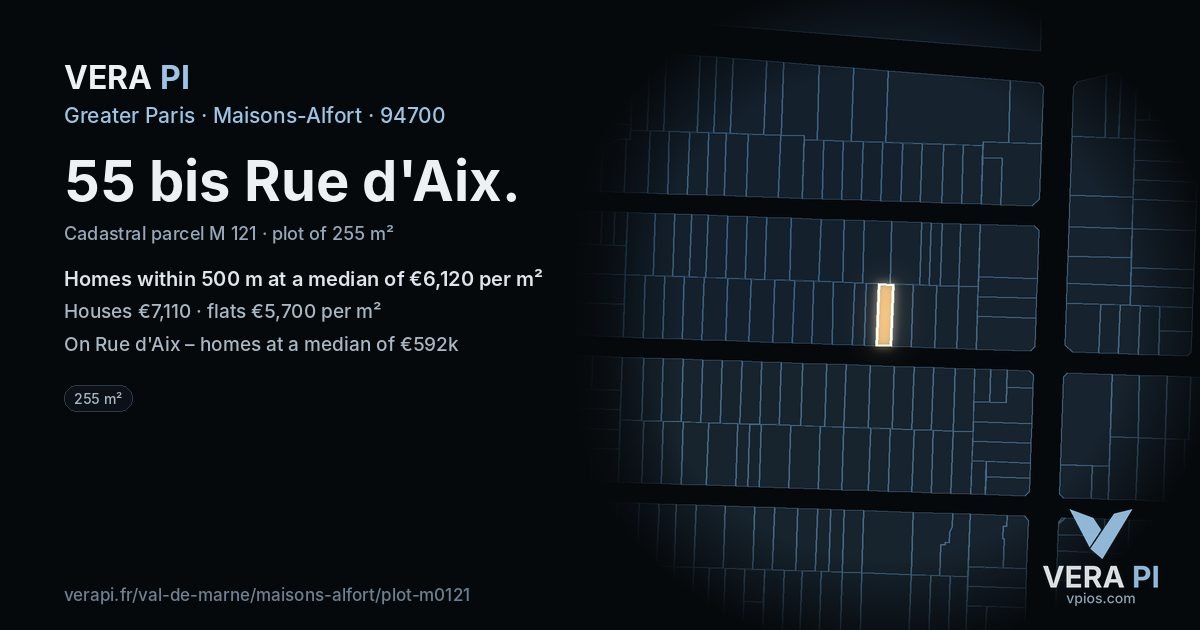 55 bis Rue d'Aix, Maisons-Alfort at night – the plot lit, the parcels around coloured by the prices near them