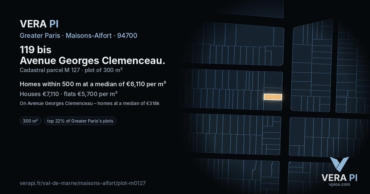 119 bis Avenue Georges Clemenceau, Maisons-Alfort at night – the plot lit, the parcels around coloured by the prices near them