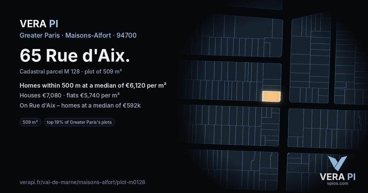 65 Rue d'Aix, Maisons-Alfort at night – the plot lit, the parcels around coloured by the prices near them