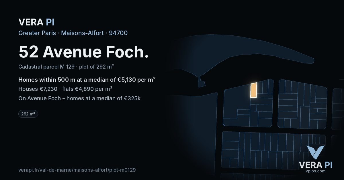 52 Avenue Foch, Maisons-Alfort at night – the plot lit, the parcels around coloured by the prices near them