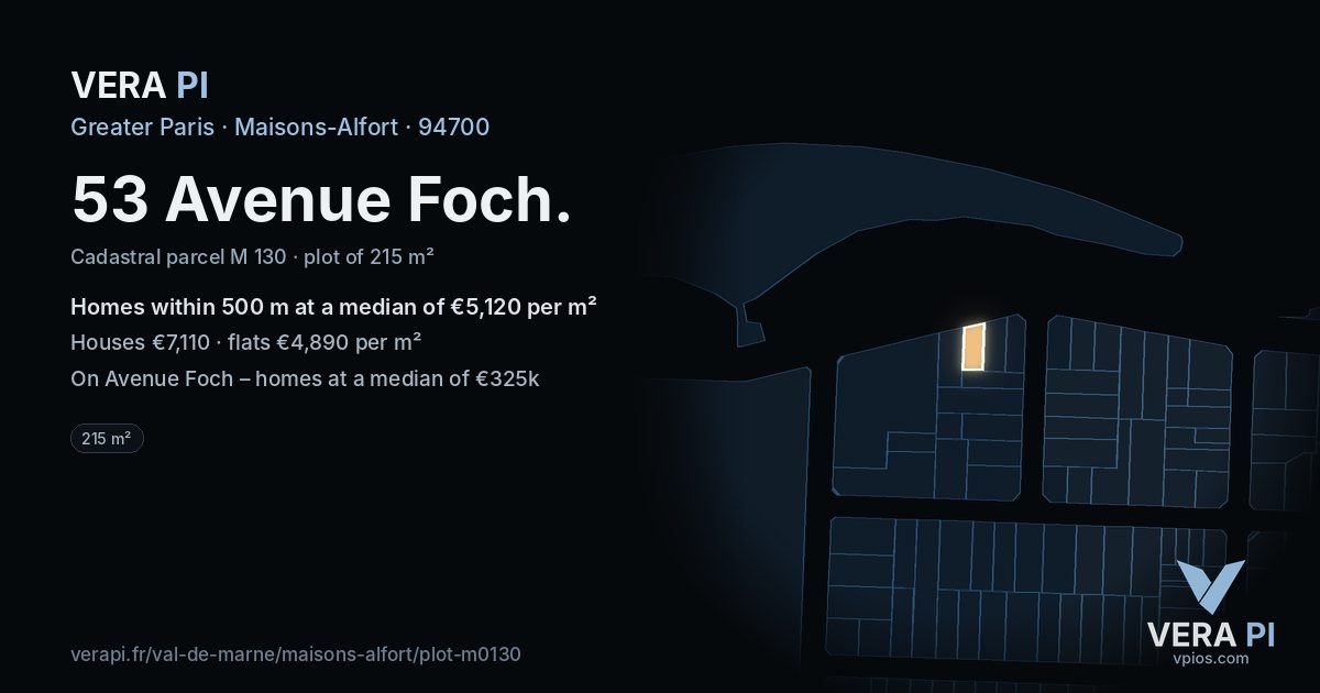 53 Avenue Foch, Maisons-Alfort at night – the plot lit, the parcels around coloured by the prices near them