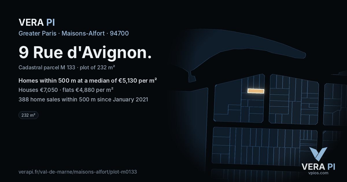9 Rue d'Avignon, Maisons-Alfort at night – the plot lit, the parcels around coloured by the prices near them